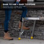 Gorilla Ladders in use against stone wall. Text: "Ease to Use + Easy to Store".