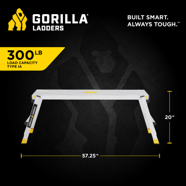 Gorilla Made white ladder, 300 lb load, 57.25 inches wide, 20 inches high.