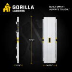 Gorilla Ladders folded, white, 47.2 inches high, 14.75 inches wide, 3.25 inches deep.
