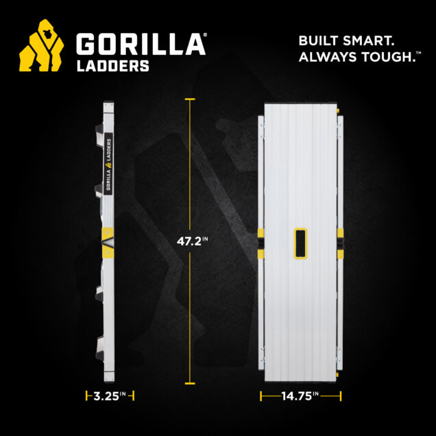 Gorilla Ladders folded, white, 47.2 inches high, 14.75 inches wide, 3.25 inches deep.