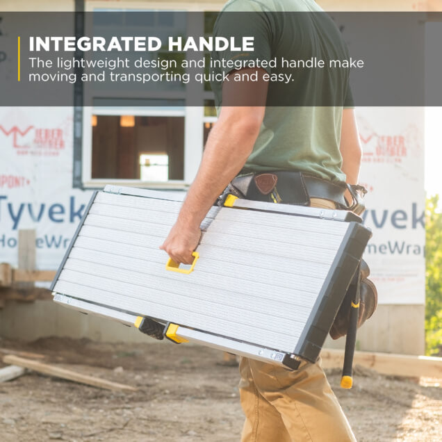 Person carrying a silver case with a yellow integrated handle. Text reads: "INTEGRATED HANDLE The lightweight design and integrated handle make moving and transporting quick and easy."