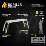 Gorilla Ladders infographic features a 47" x 12" platform with integrated handle and slip-resistant tread.