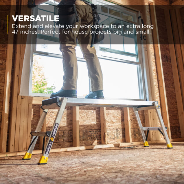 Gorilla Ladders platform extends 47 inches in a construction setting. Text: "VERSATILE..."
