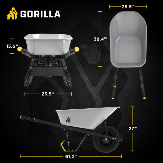 Gorilla Made wheelbarrow dimensions: 38.4 inches high, 25.5 inches wide, 61.2 inches long.