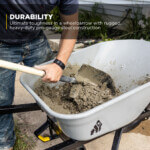 Durability infographic: Person shoveling cement into a gray steel wheelbarrow.