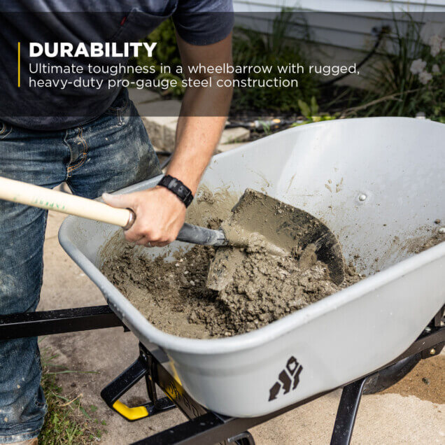 Durability infographic: Person shoveling cement into a gray steel wheelbarrow.
