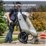 Wheelbarrow with power pivot design lifting cement. Text: "Lift More With Less Effort."