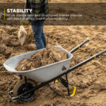 Gray wheelbarrow with soil, featuring stable wide stance legs. Text: "STABILITY Wide stance legs and structured braces provide optimized stability and maneuverability."