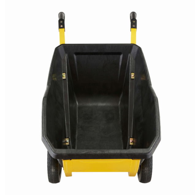 Yellow and black Gorilla Made utility cart with two handles and sturdy wheels.
