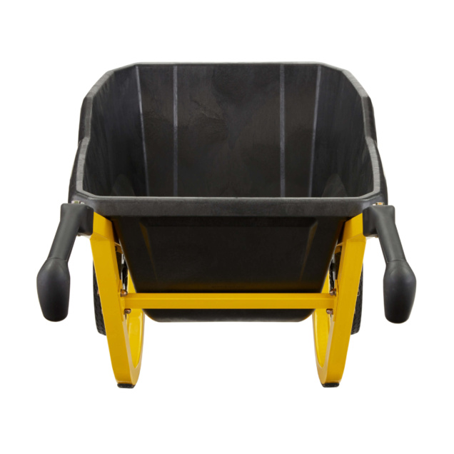 Black and yellow heavy-duty wheelbarrow with dual handles from Gorilla Made.