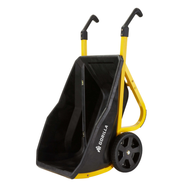 Gorilla Made heavy-duty cart with yellow handles and black body, text: "GORILLA".