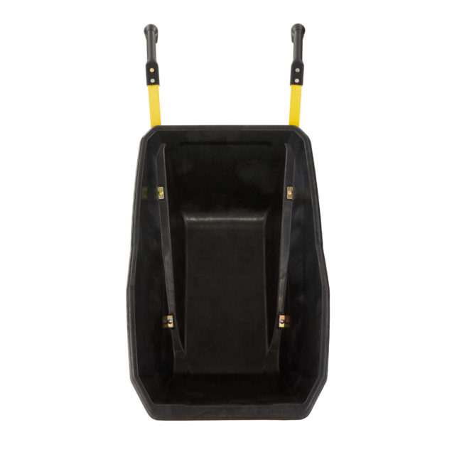 Black utility cart with yellow handles, designed for strength and performance.