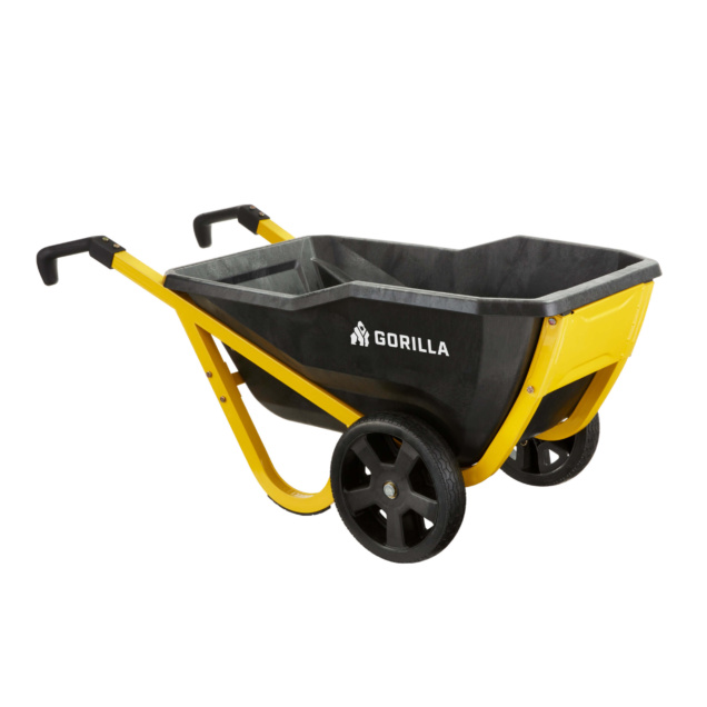 Yellow and black Gorilla wheelbarrow with logo, designed for heavy-duty tasks.