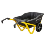 Yellow frame wheelbarrow with black tray and handles. Text: "GORILLA".
