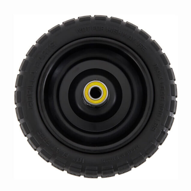 Black utility wheel from Gorilla Carts, with text "Not For Highway Use."