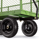Green utility cart by Gorilla Made with black heavy-duty wheels.