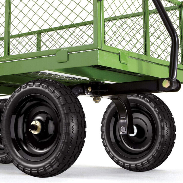 Green utility cart by Gorilla Made with black heavy-duty wheels.