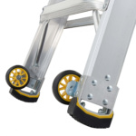 Aluminum ladder with yellow wheels and rubberized feet, ideal for utility tasks.