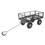 Gorilla Made heavy-duty cart with black mesh sides, four wheels, and a long handle.