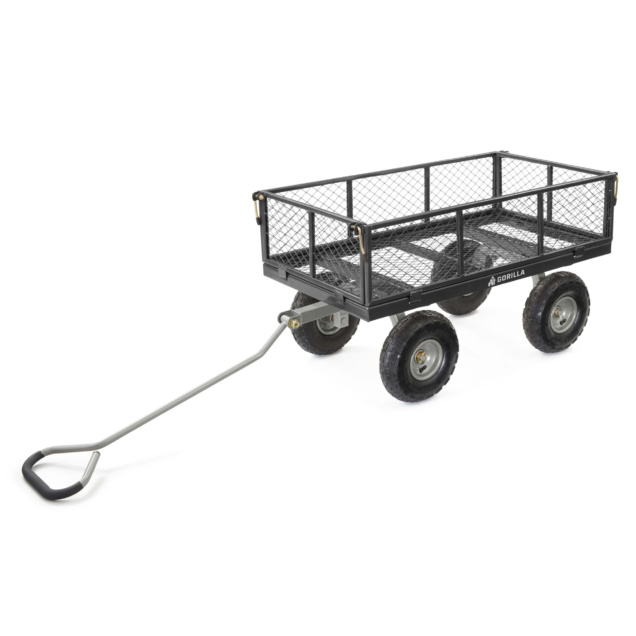 Gorilla Made heavy-duty cart with black mesh sides, four wheels, and a long handle.