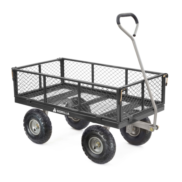 Heavy-duty Gorilla utility cart with mesh sides, black, and durable rubber wheels.