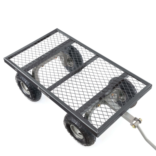 Heavy-duty black metal utility cart with mesh surface and rubber tires. Text: "GORILLA".