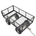 Heavy-duty metal utility cart with mesh sides and black rubber wheels.