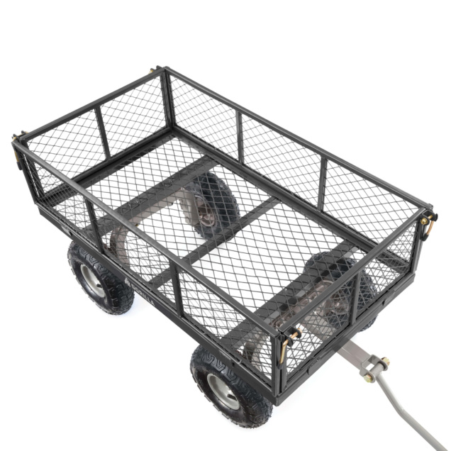 Heavy-duty metal utility cart with mesh sides and black rubber wheels.