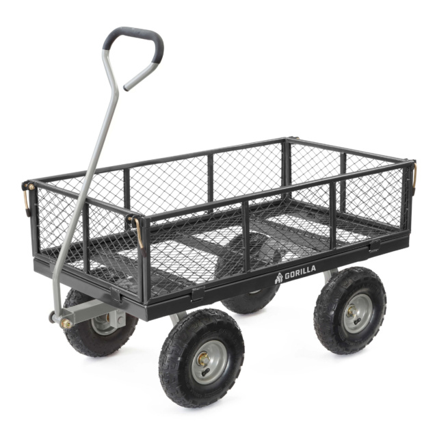 Black Gorilla utility cart with mesh sides and four sturdy wheels.