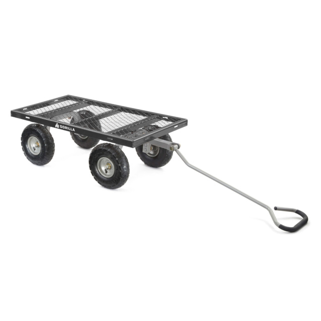 Heavy-duty Gorilla cart with mesh platform and four large black wheels.