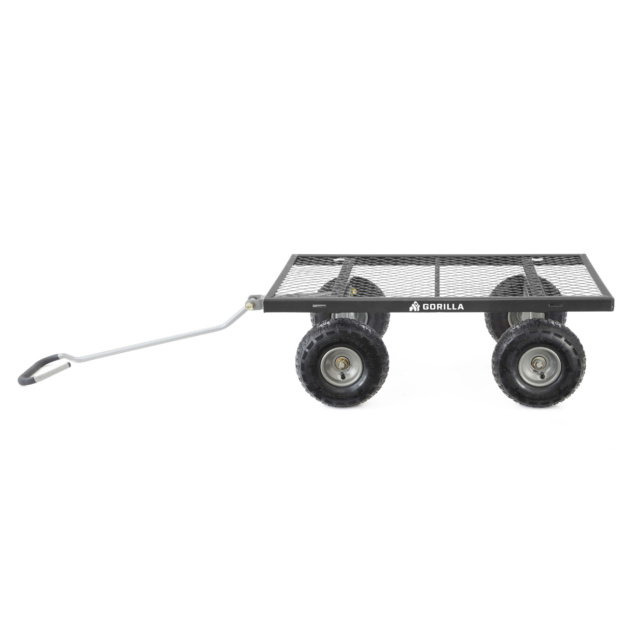 Heavy-duty Gorilla cart with black metal frame and four rugged wheels.