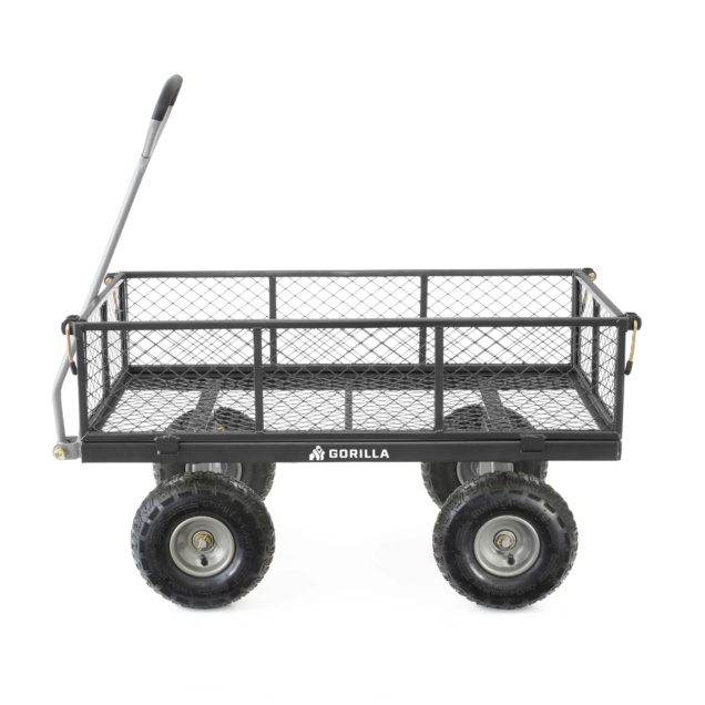 Black Gorilla utility cart with mesh sides, four rugged tires, and a handle.