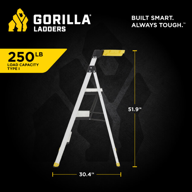 Gorilla Ladders, 250 lb load capacity, 51.9 inches high, 30.4 inches wide. Built smart. Always tough.
