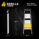 Gorilla Ladders with 56.4 inches high, 4 inches wide folded. "BUILT SMART. ALWAYS TOUGH."