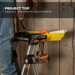 Gorilla Ladders with yellow tool tray and tools. Text: "Project Top hang your tools while working or climbing."