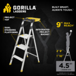 Gorilla Ladders infographic showing ladder with 9 ft max reach, project top, dual platforms.