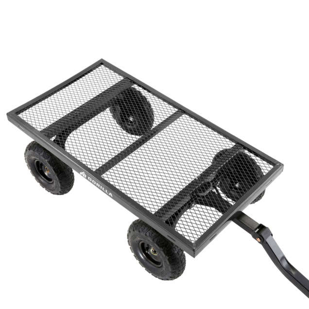 Gorilla Made utility cart with black mesh bed and four sturdy wheels.