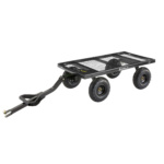 Black heavy-duty utility cart with mesh bed and four large wheels, branded "Gorilla."