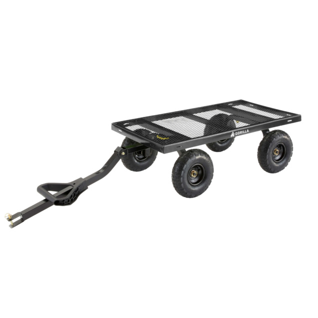 Black heavy-duty utility cart with mesh bed and four large wheels, branded "Gorilla."