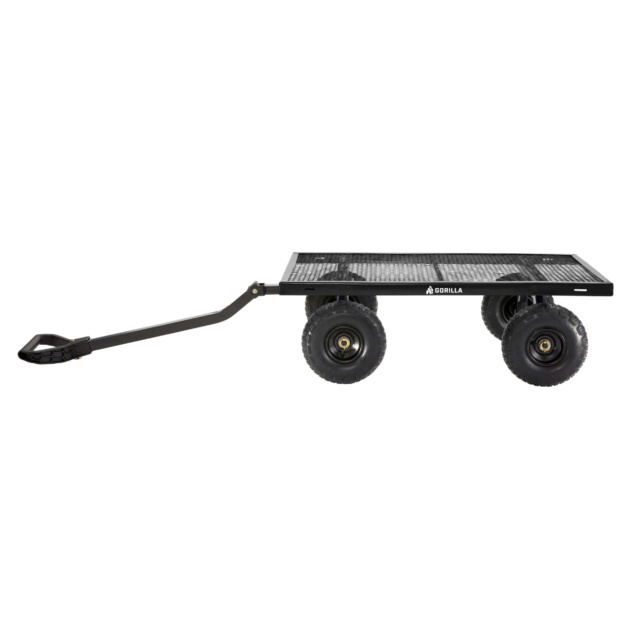 Black heavy-duty utility cart with mesh bed and four large wheels; "GORILLA" on side.