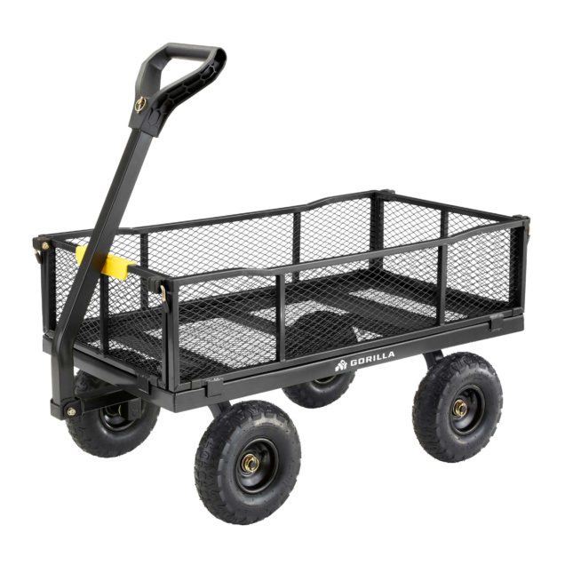 Black metal cart with mesh sides and four wheels. Logo: "GORILLA" on the side.