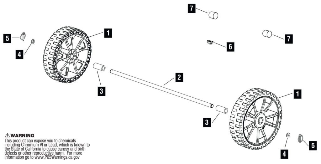 Exploded view of Gorilla Made cart wheel assembly. Parts: 1-7. WARNING text included.