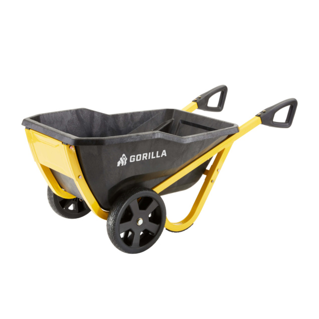 Gorilla utility cart with black tub and yellow frame. Text: "GORILLA".
