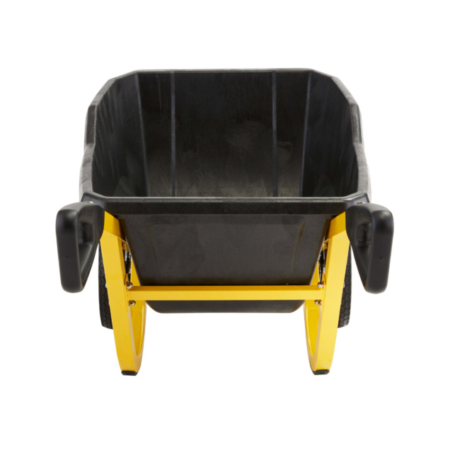 Yellow and black Gorilla Made wheelbarrow, designed for durability.