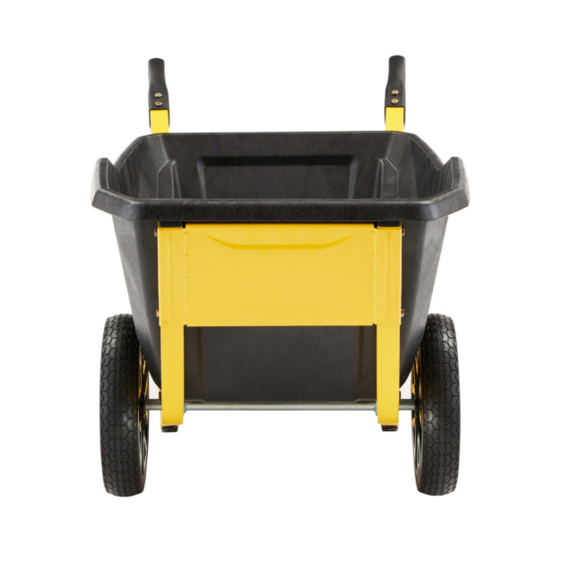 Yellow and black heavy-duty Gorilla Made utility cart with two large wheels.
