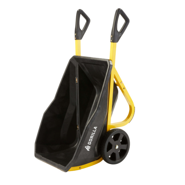 Black and yellow Gorilla utility cart with two large wheels and handles.