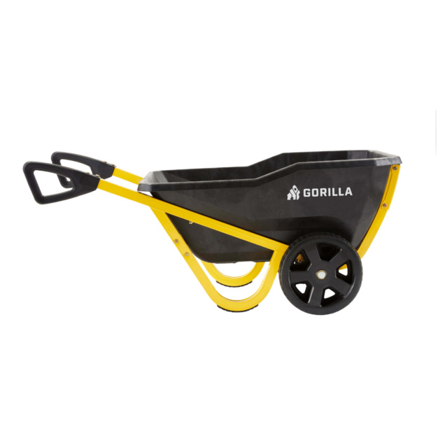 Black and yellow Gorilla wheelbarrow with logo, featuring sturdy design and ease of use.