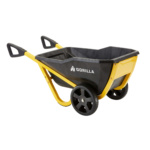 Yellow and black Gorilla wheelbarrow with two handles and four wheels.