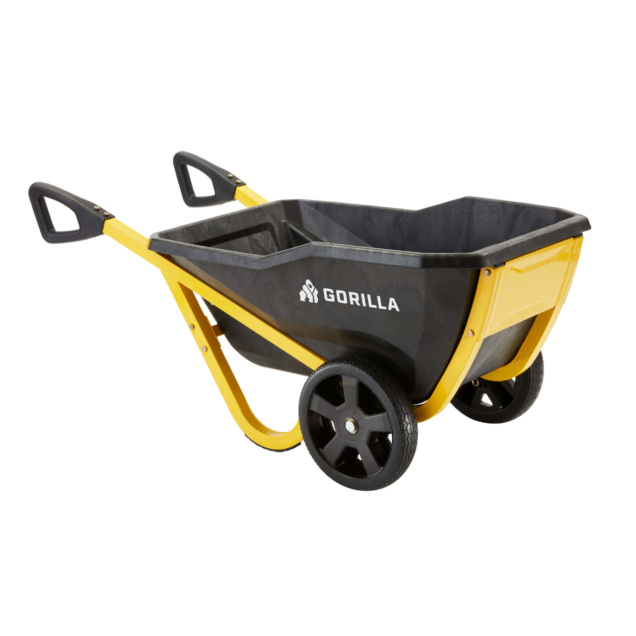 Yellow and black Gorilla wheelbarrow with two handles and four wheels.