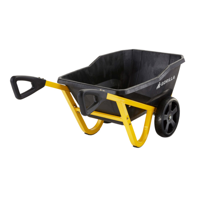 Black wheelbarrow with yellow frame, labeled "GORILLA" on the side.